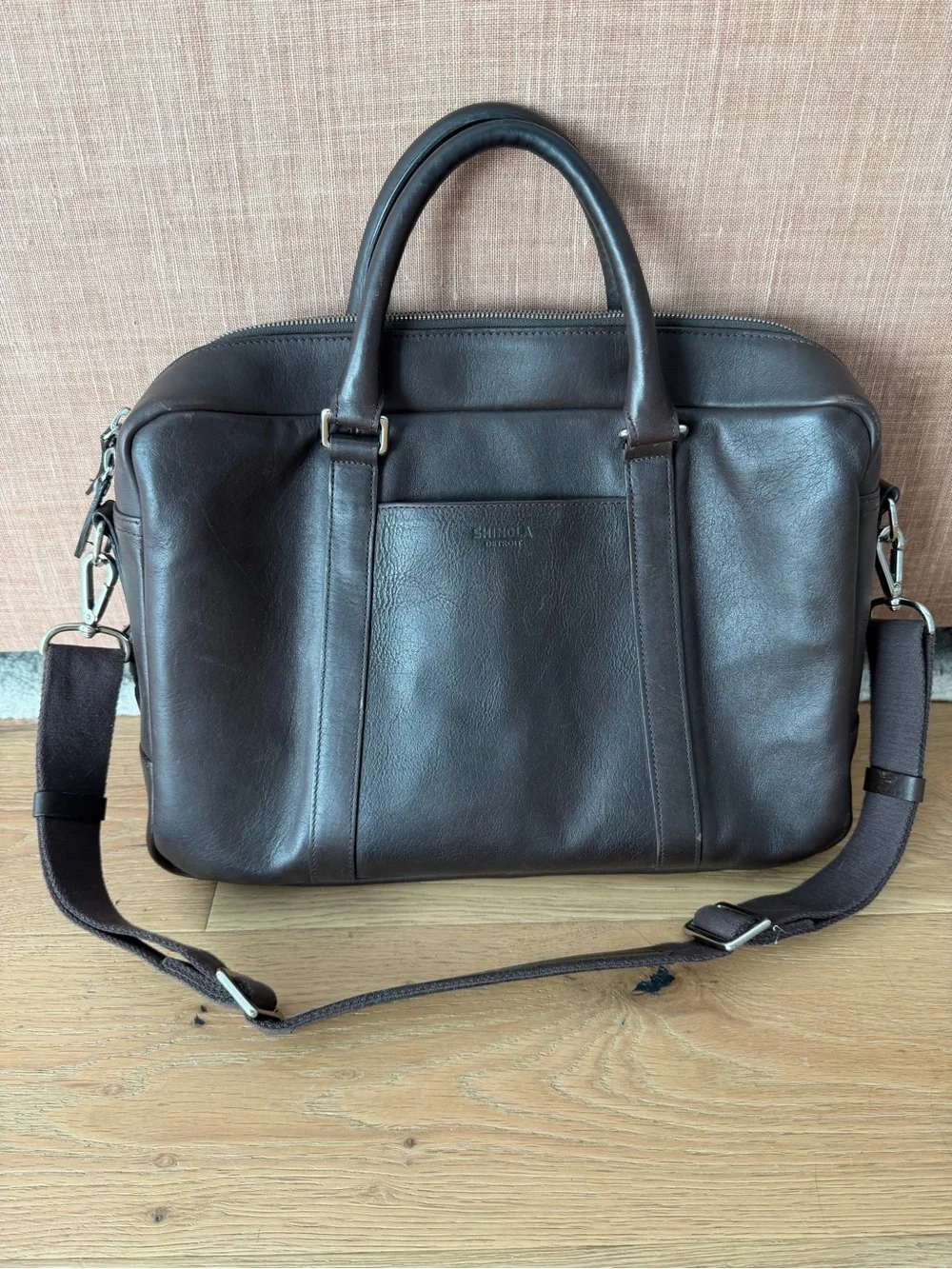 Shinola Dark Brown Leather Computer Briefcase with Detachable Strap